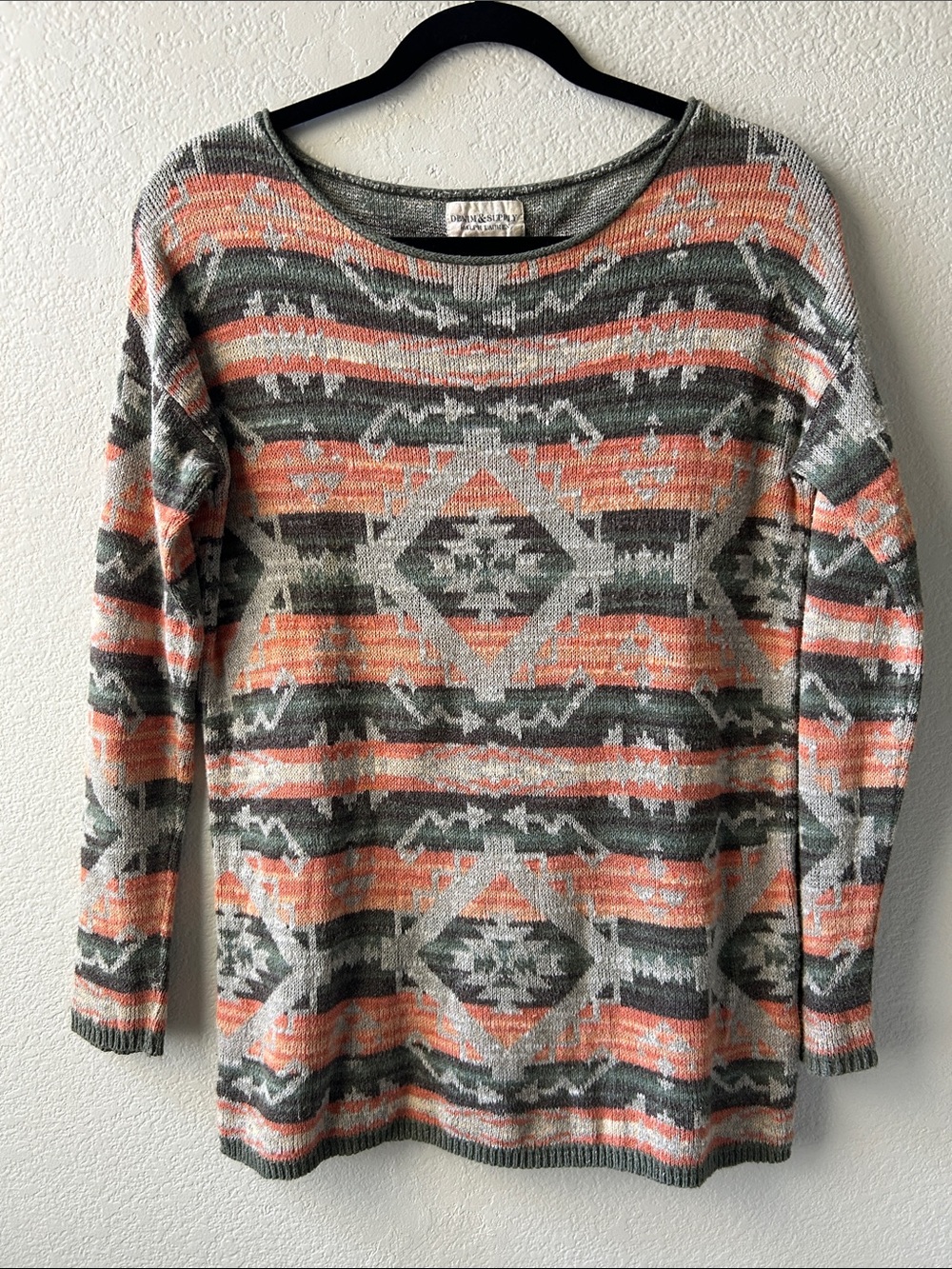 Denim & Supply Ralph Lauren Gray and Coral Aztec Knit Crewneck Sweater